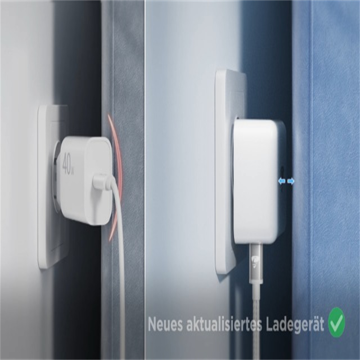 Zwei Bilder zeigen ein weißes Ladegerät in einer Steckdose mit einem Ladekabel.