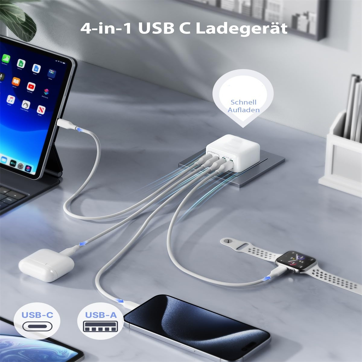 Mehrfachladegerät mit Kabeln. Tablet, Telefon, Uhr und Kopfhörer sind angeschlossen.