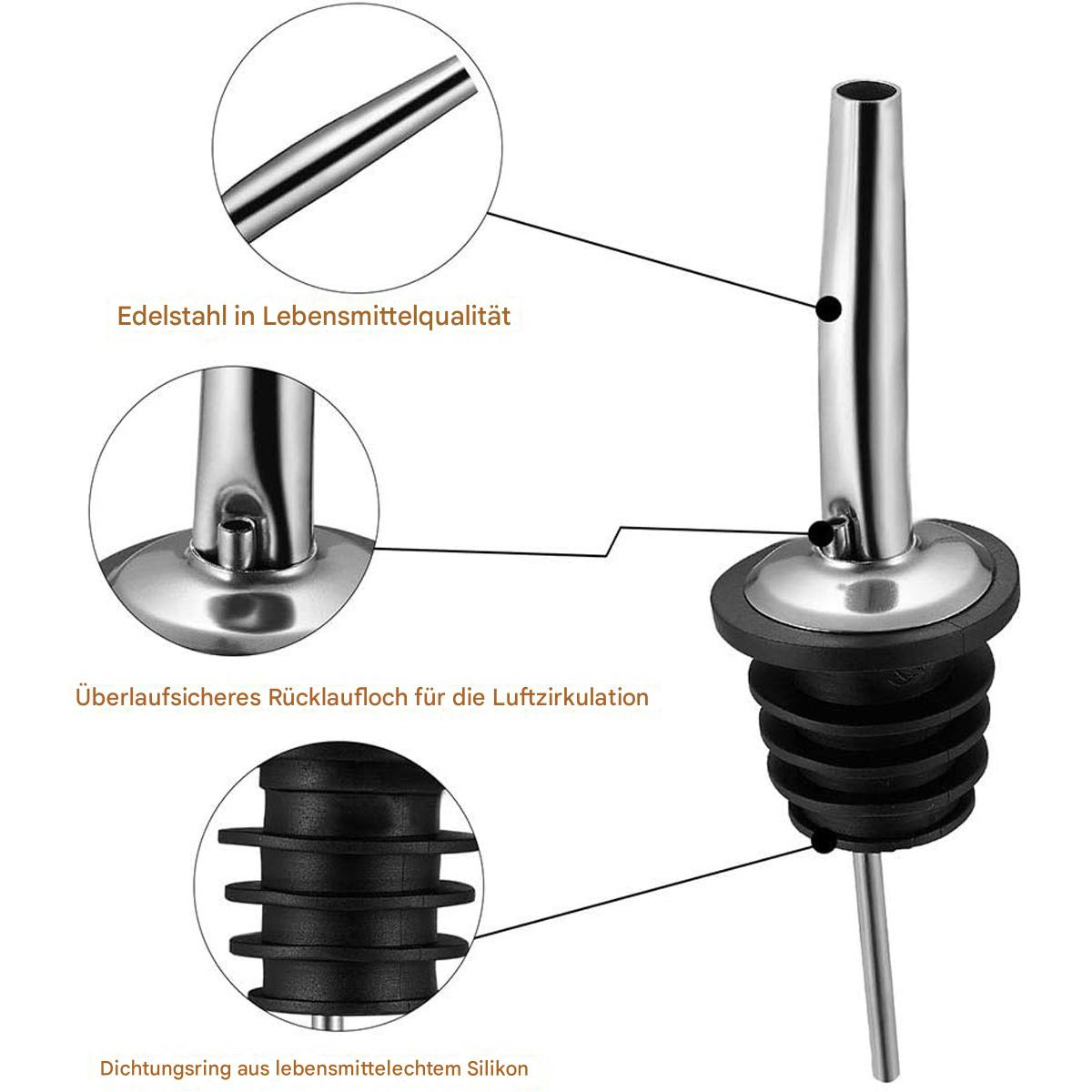 Ein Metall-Flaschenausgießer mit Detailansichten der Teile: Ausguss, Ring und Silikondichtung.