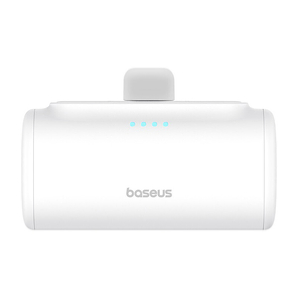 Un dispositivo Baseus bianco e cilindrico con quattro spie blu e il logo Baseus.