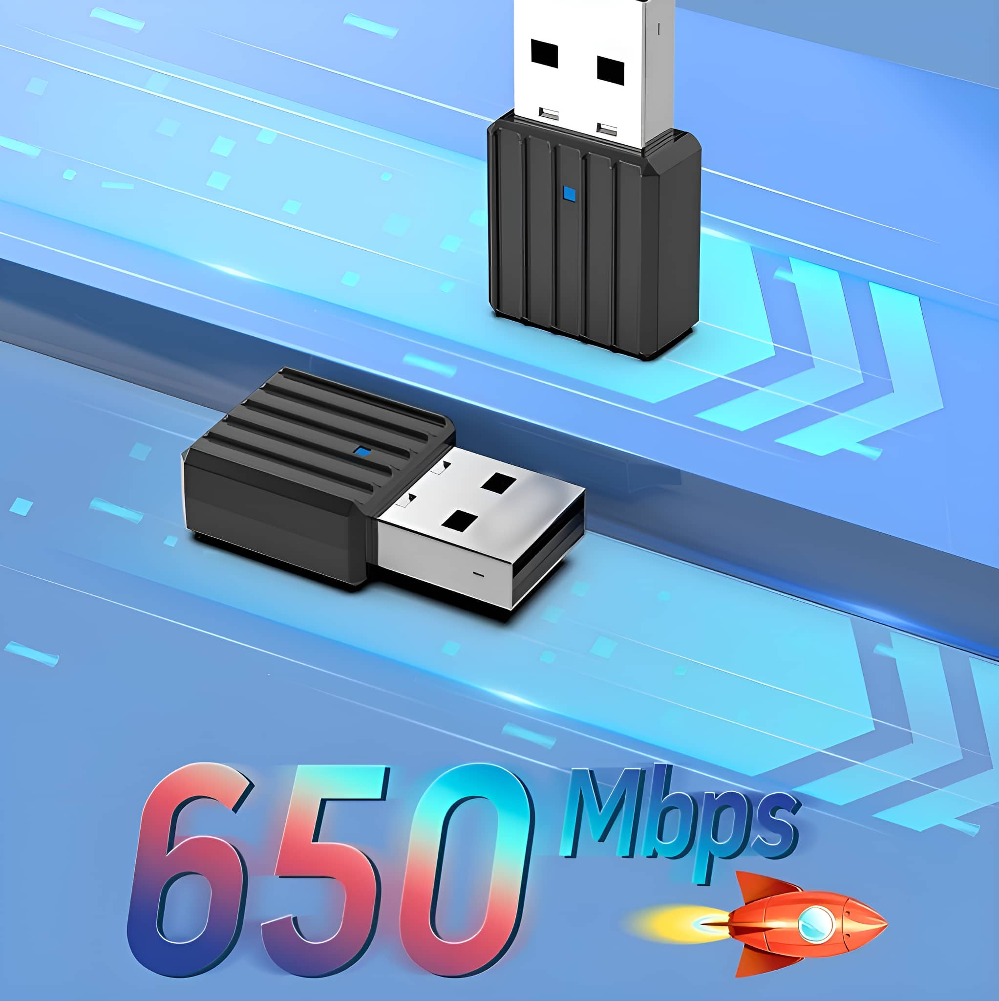 Zwei schwarze USB-WLAN-Adapter auf blauem Hintergrund mit 650 Mbit/s Geschwindigkeit und Rakete.