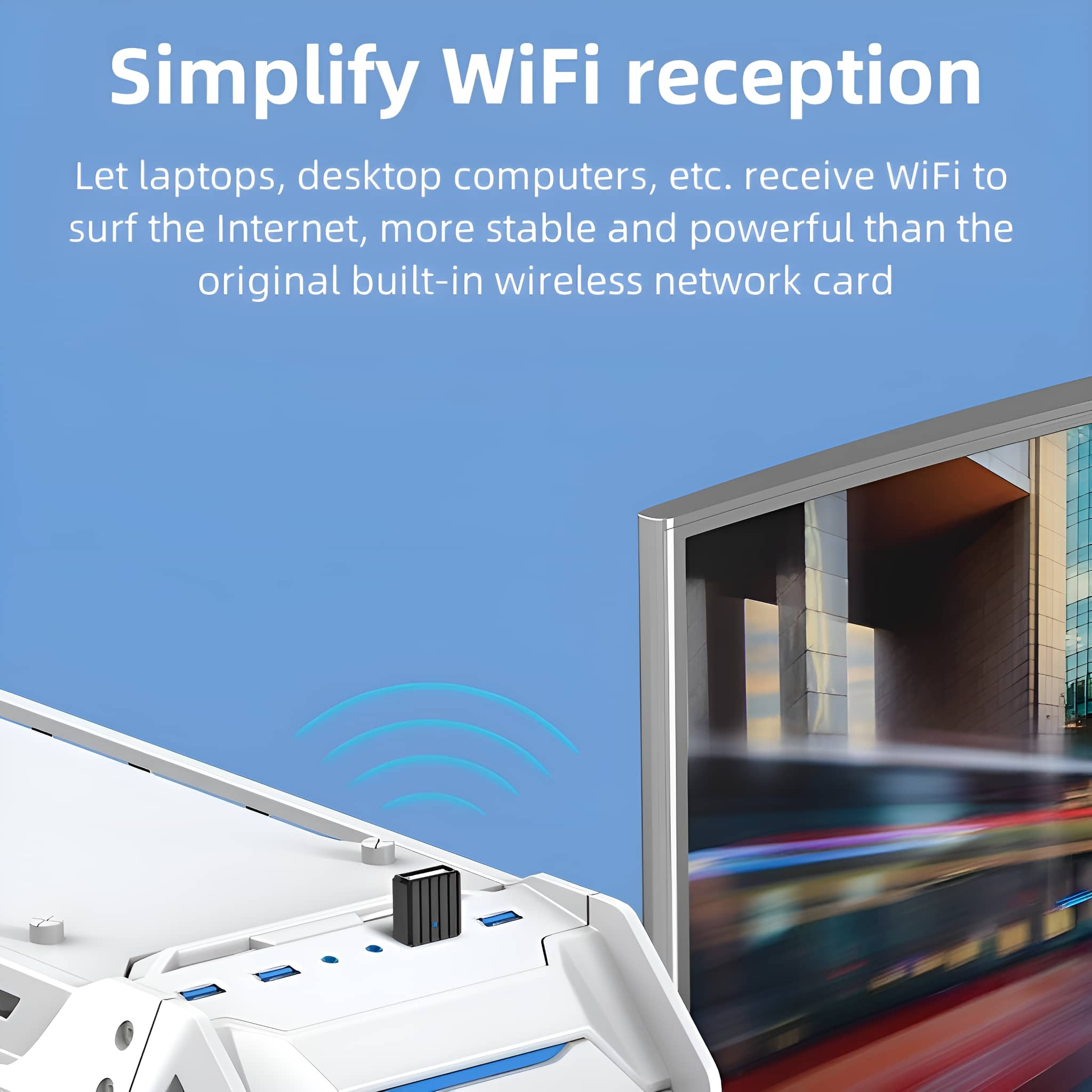 Ein weißes Gerät mit blauen Lichtern, das WLAN-Signale an einen Computerbildschirm sendet.