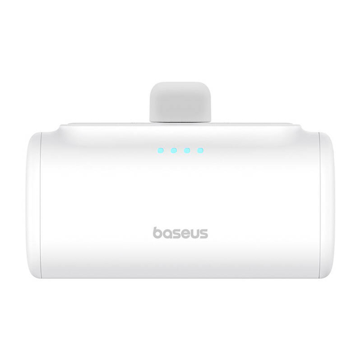 Dispositivo Baseus bianco. È oblungo, con quattro luci blu e un piccolo pulsante in alto.