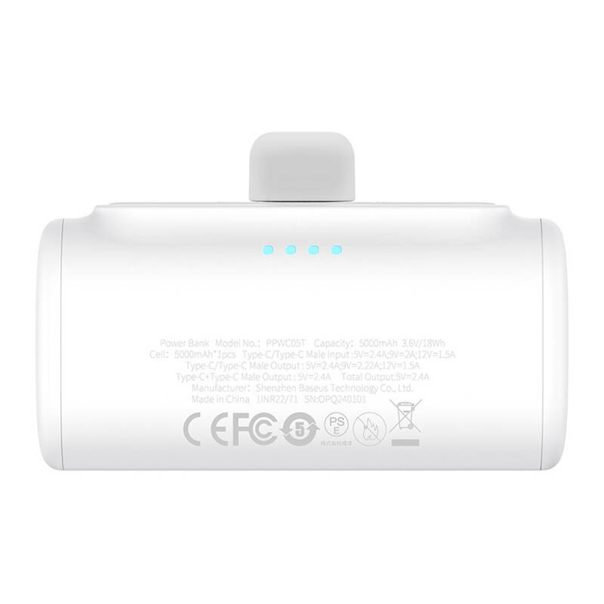 Power bank bianco con testo e loghi, che mostra porte e un pulsante per il livello della batteria.
