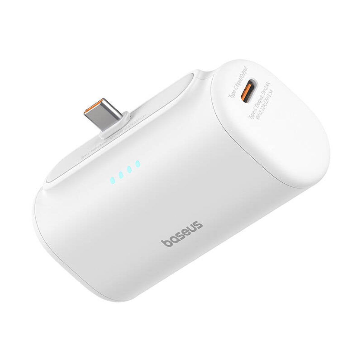 Caricabatterie portatile bianco e grigio con porta USB-C su sfondo bianco.