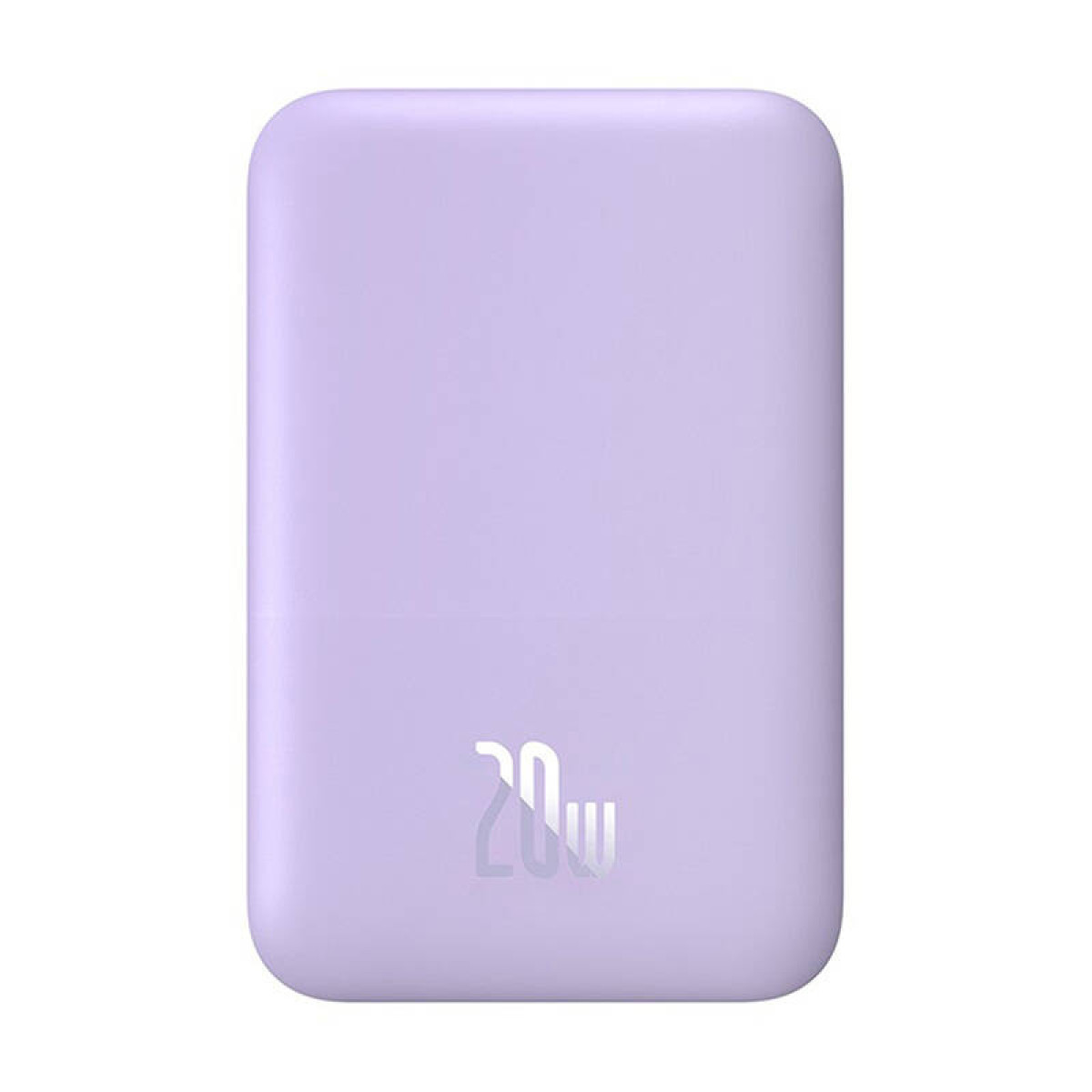 Un power bank lilla chiaro con un'indicazione di 20W. Forma rettangolare, design semplice.
