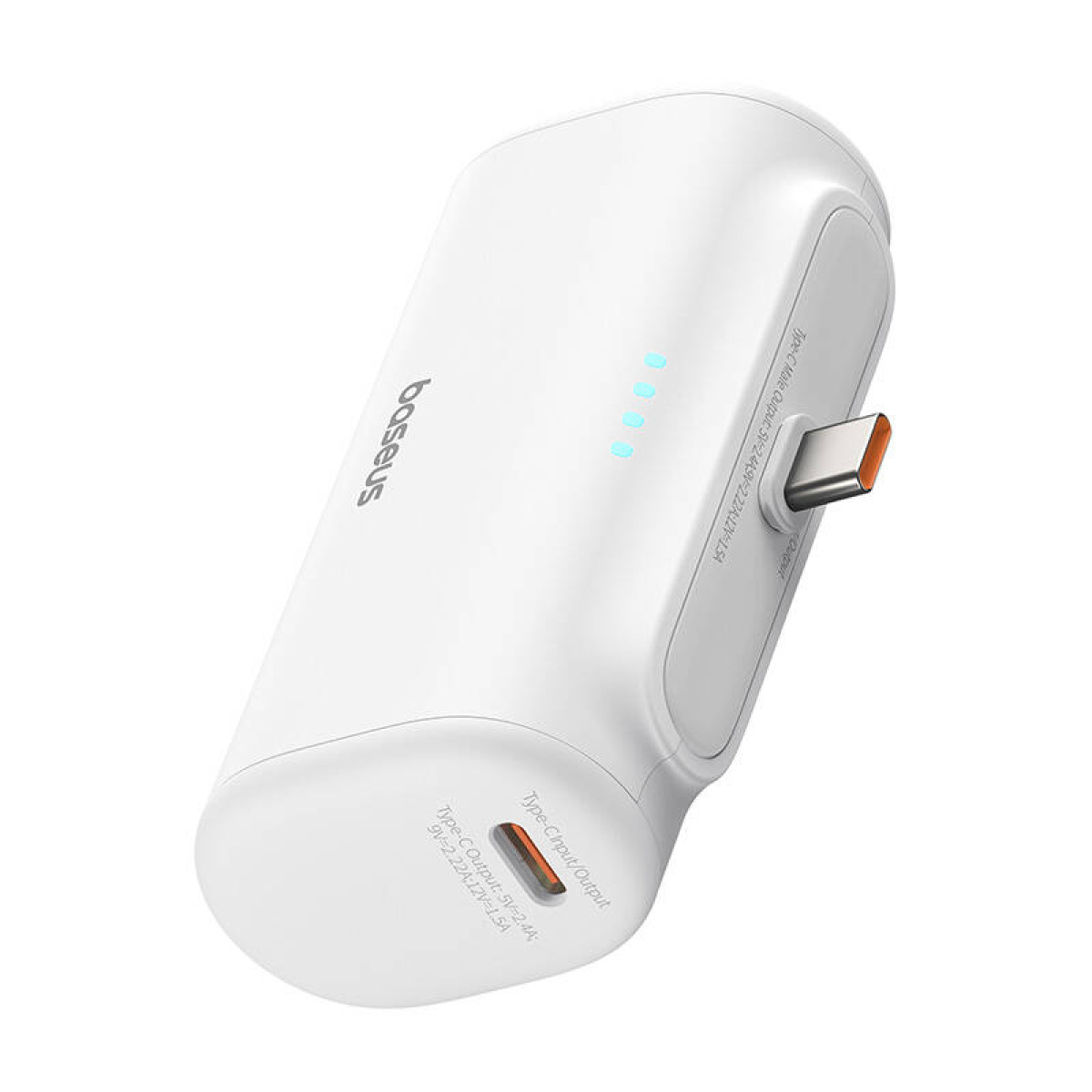 Power bank bianca con porte USB-C, logo Baseus, vista angolata.