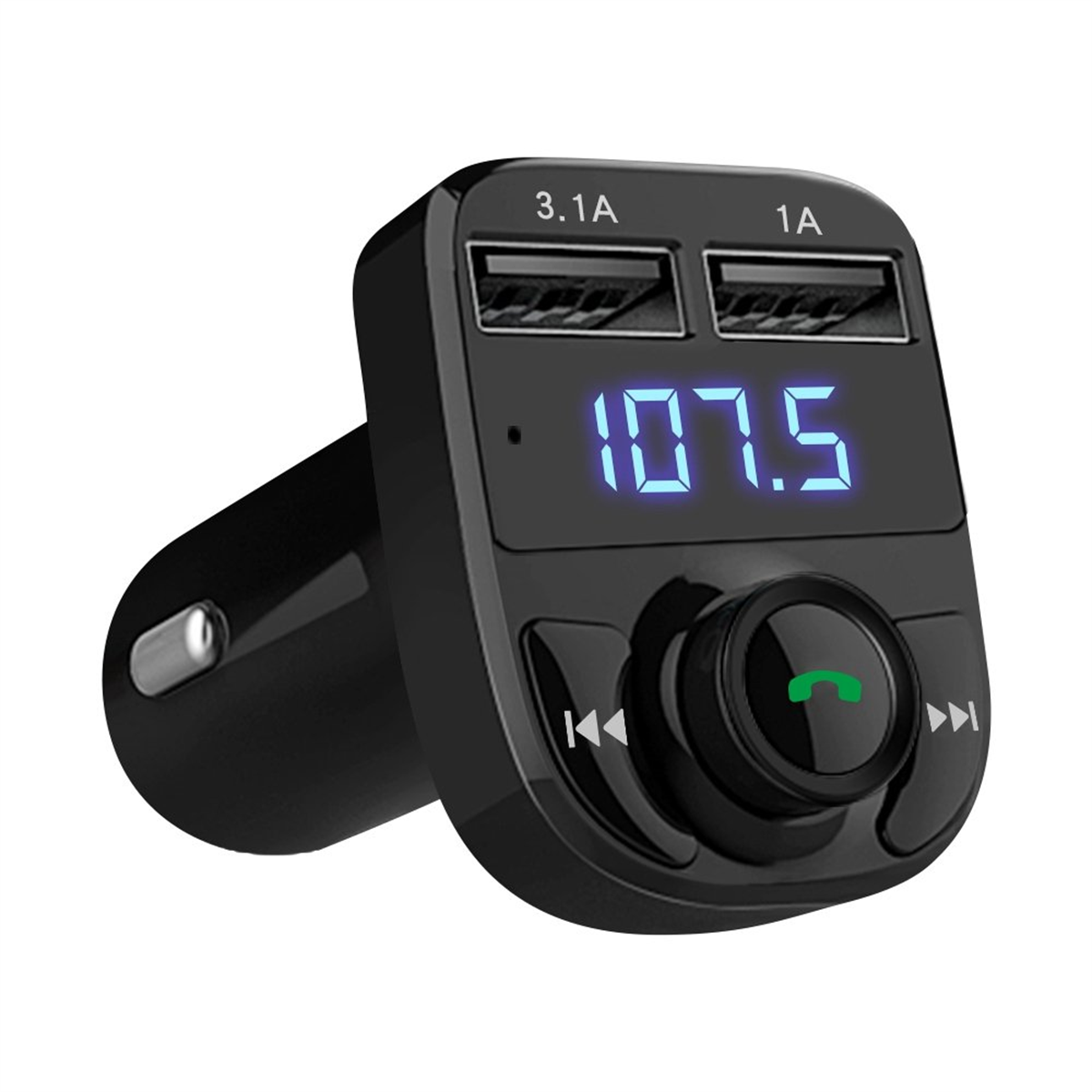 Schwarzer Auto-FM-Transmitter mit USB-Anschlüssen, Digitalanzeige und Bedientasten.