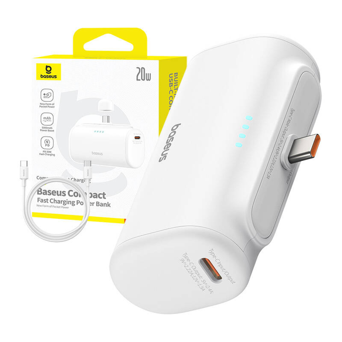 Eine weiße und graue Powerbank mit USB-C-Anschluss, weißem Kabel und Box.