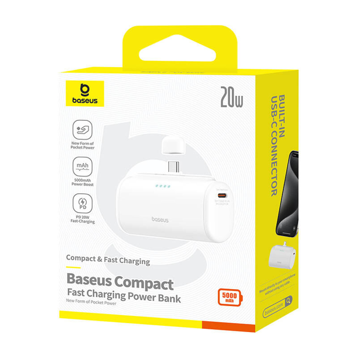 Scatola bianca per power bank con connettore USB-C. Caratteristiche: 5000mAh, ricarica rapida PD 20W. Sfondo giallo e bianco.