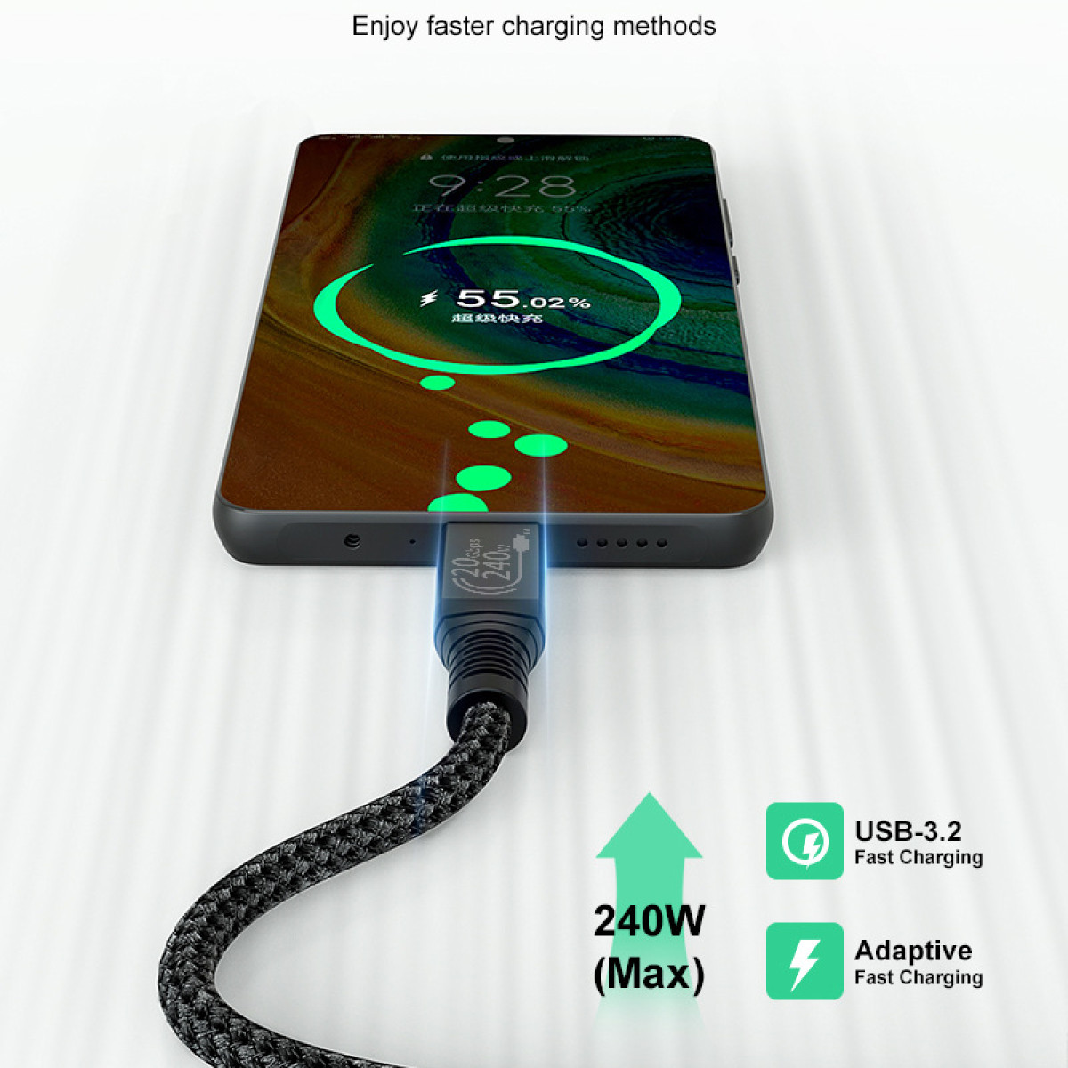Telefon lädt per Kabel, zeigt 55,02% Ladung und 240W max. Leistung.