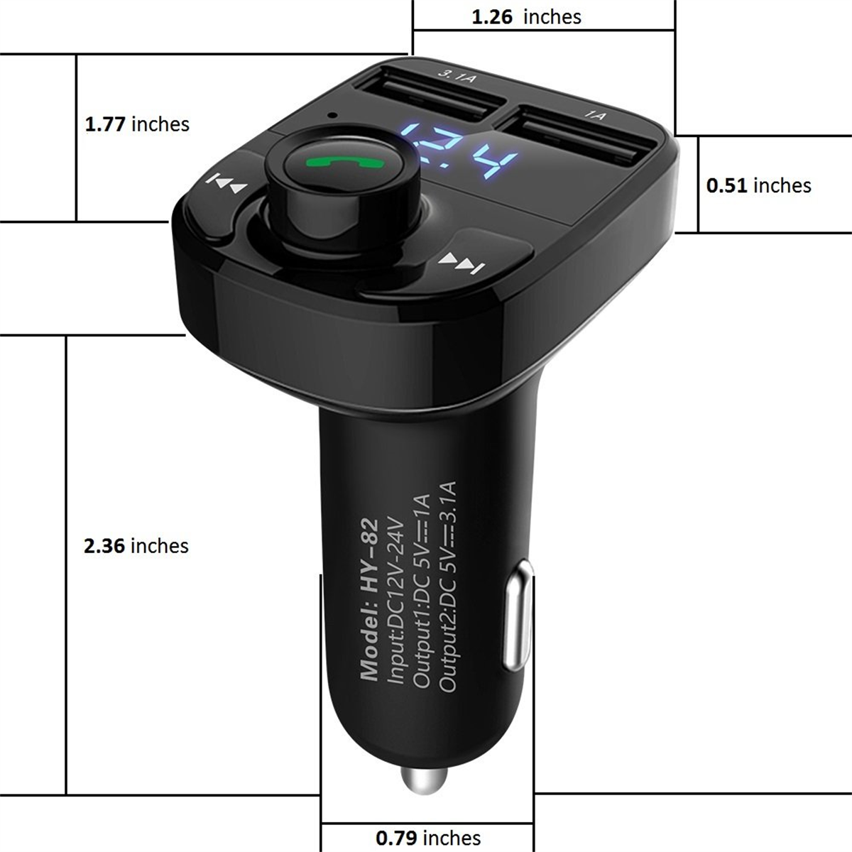 Autoladegerät mit Maßen. Schwarz, mit USB-Anschlüssen und digitaler Anzeige.
