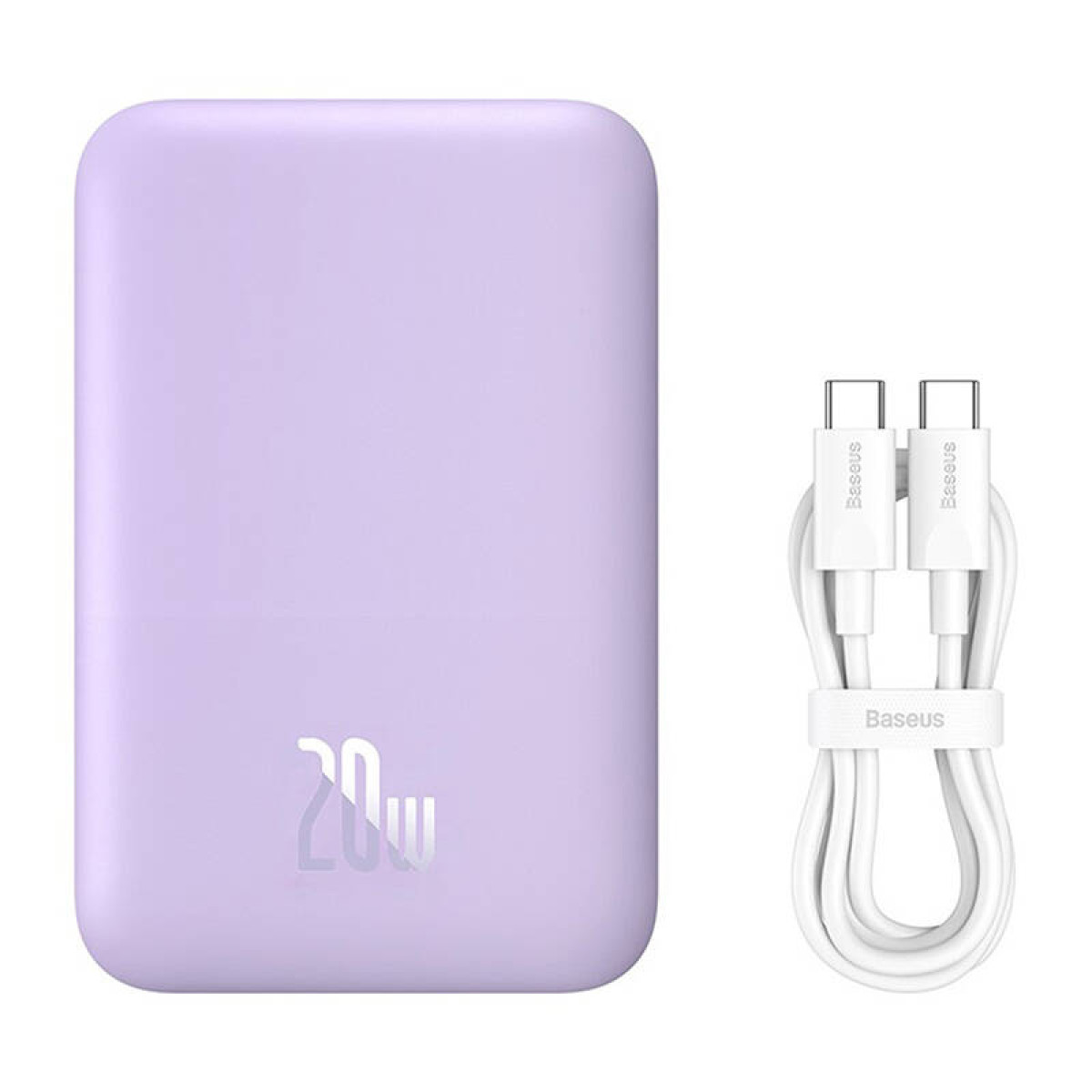 Lila Powerbank mit weißem Kabel und Baseus-Etikett.