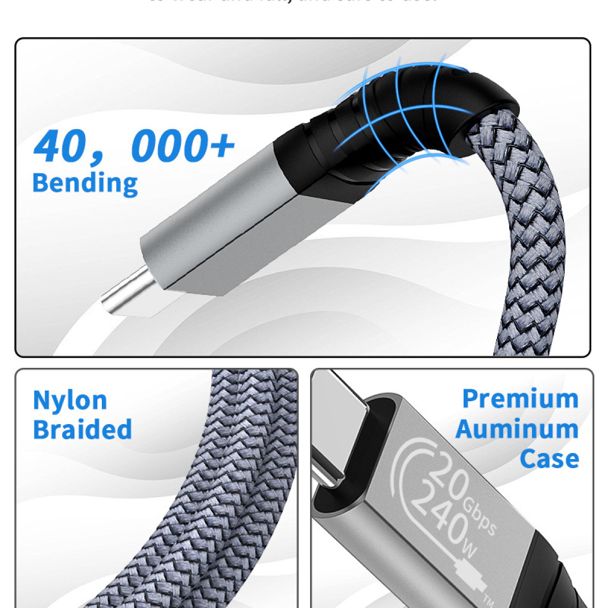 Ein geflochtenes USB-C-Kabel mit silbernem Stecker. Es hat den Text '20 Gbit/s 240 W' auf dem Premium-Aluminiumgehäuse.