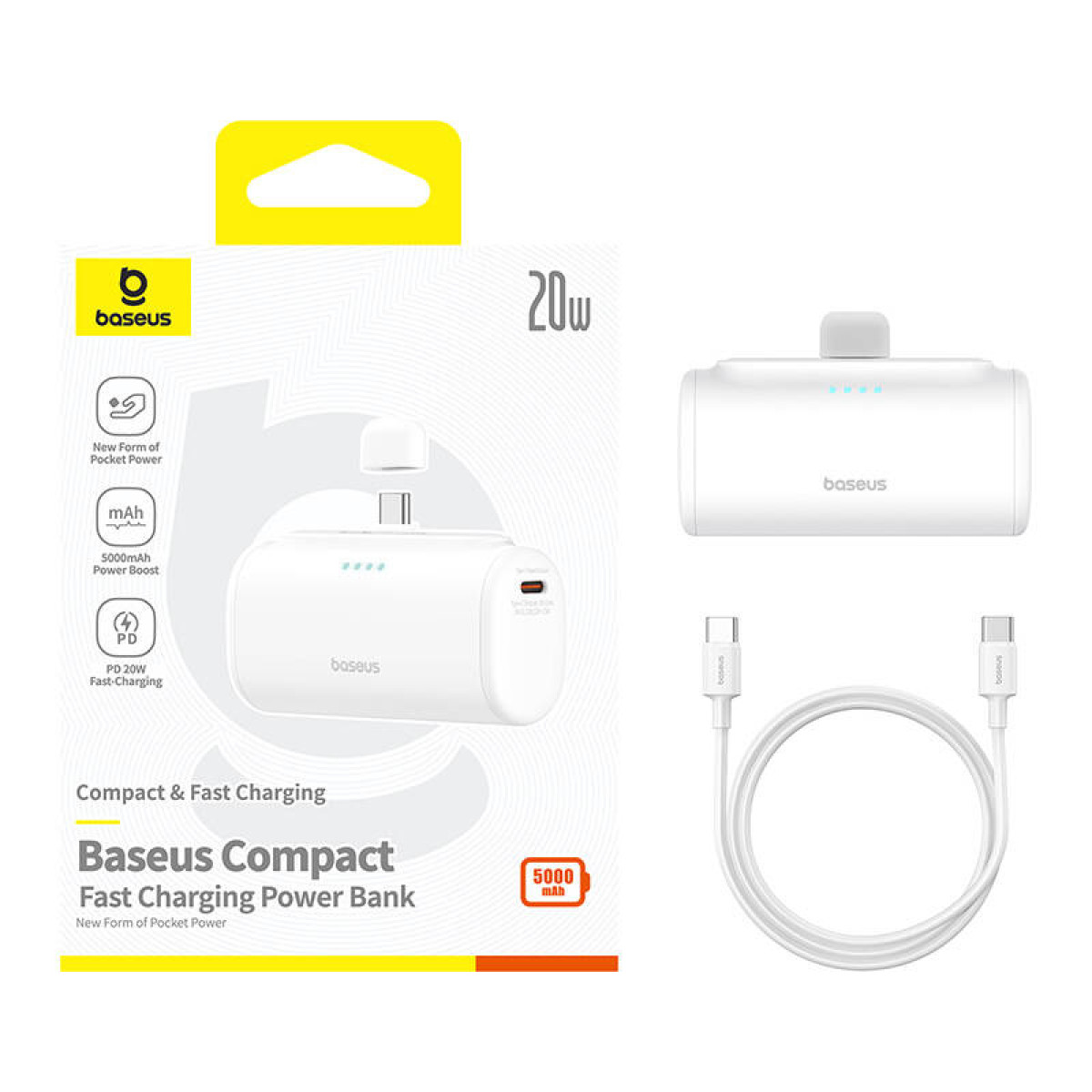 Un power bank bianco con un cavo di ricarica e una scatola del prodotto. Il testo: Ricarica compatta e veloce.