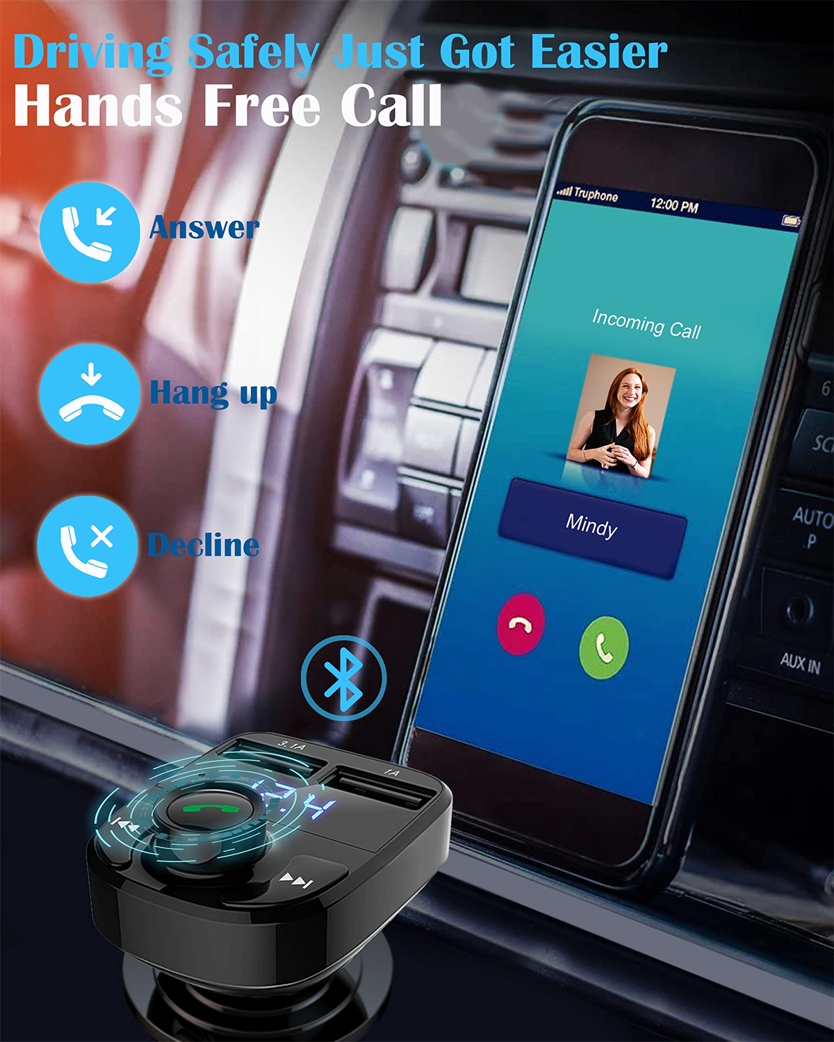 Eine Freisprechanlage für das Auto mit Telefonbildschirm, der einen eingehenden Anruf zeigt.