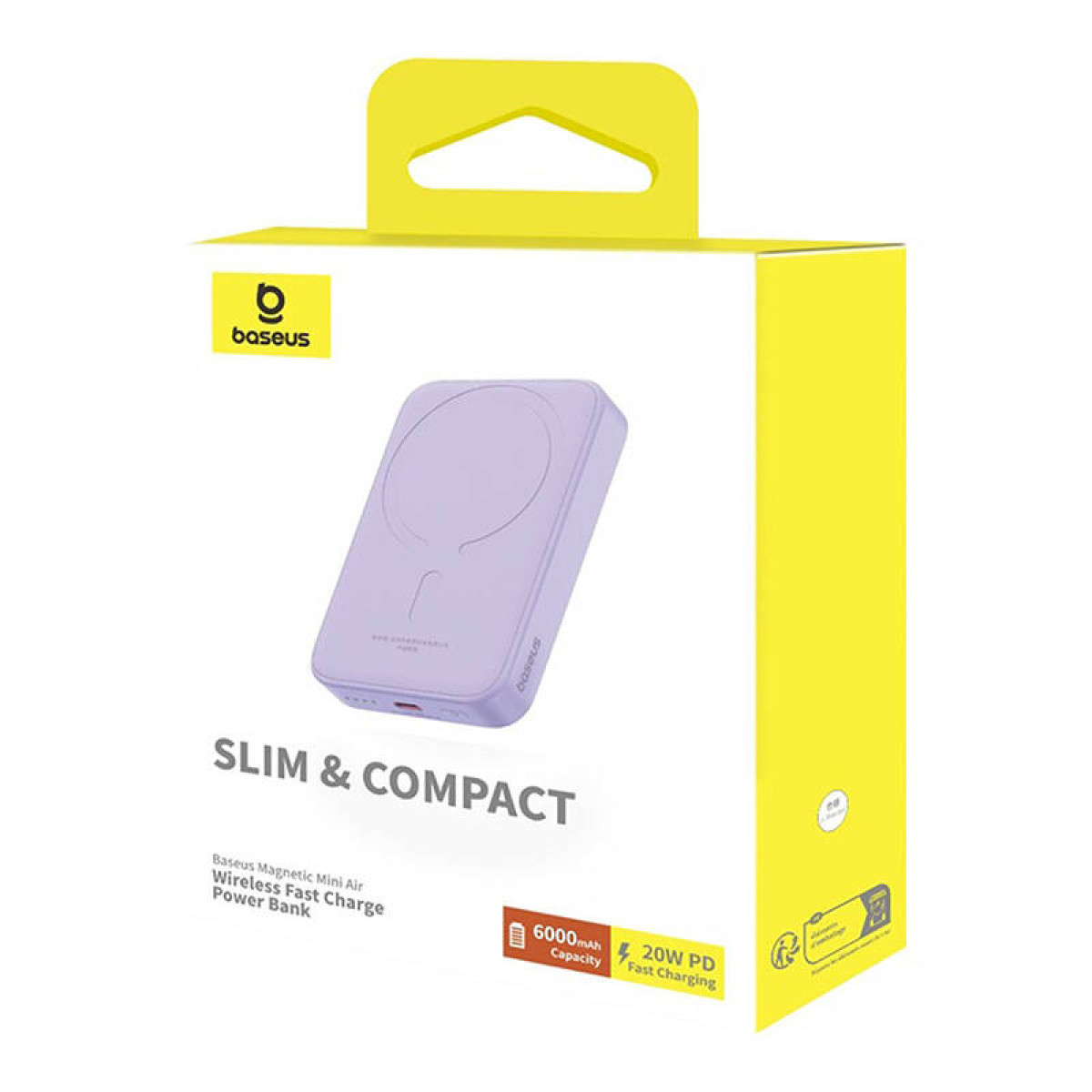 Eine lilafarbene Baseus Powerbank in einer gelben Box. Sie ist schlank und kompakt.