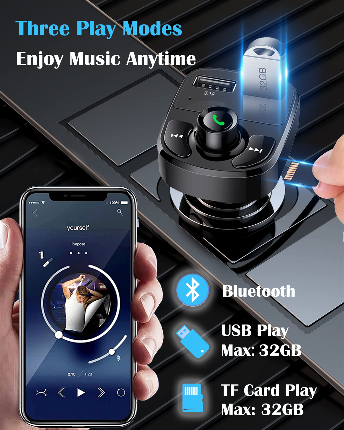 Schwarzes Bluetooth-Gerät fürs Auto mit USB- und TF-Kartensteckplätzen. Musikinterface.