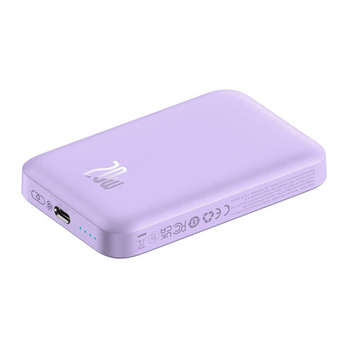 Un power bank viola con display digitale e la parola '20' stampata sopra.