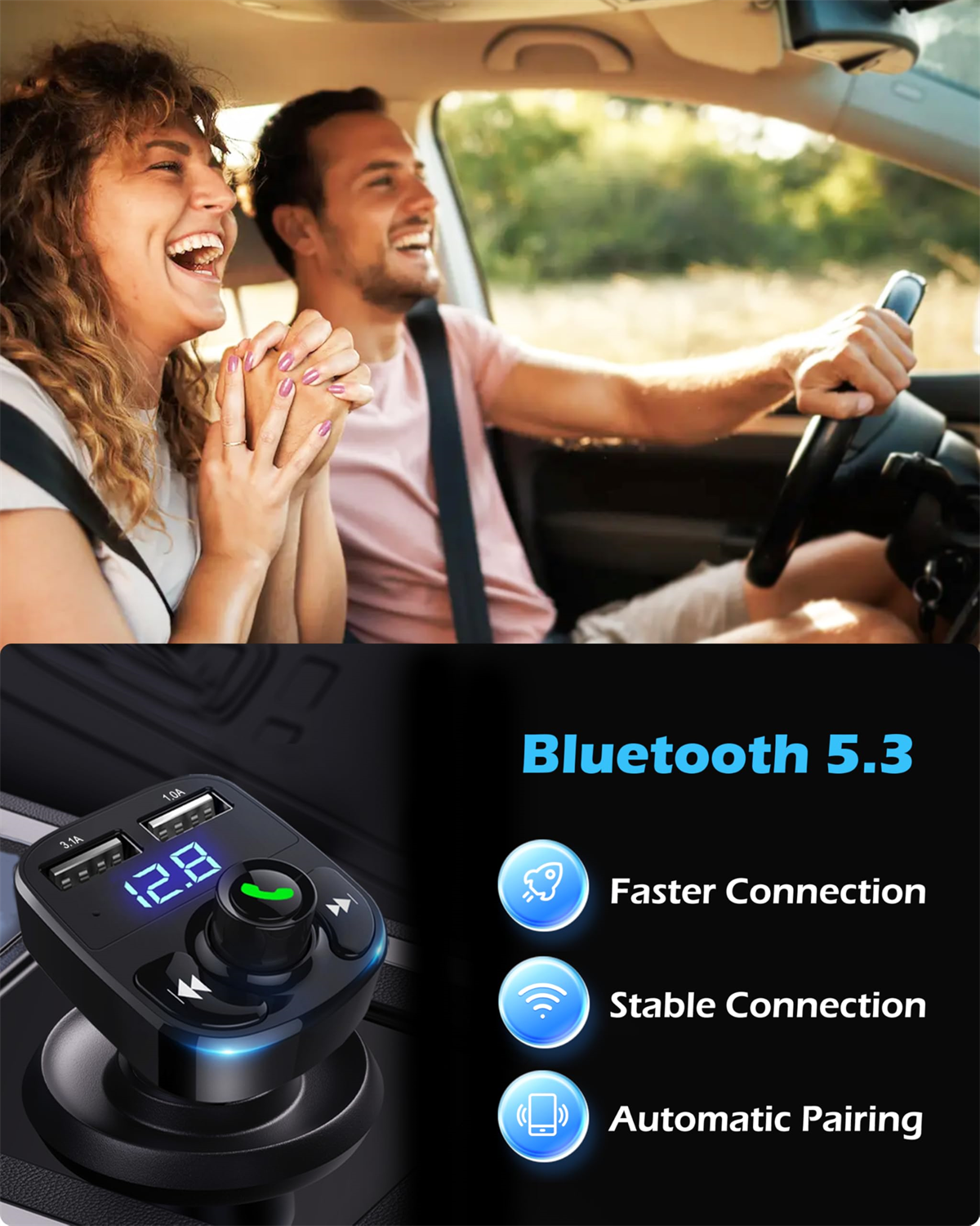Ein Autoladegerät mit zwei USB-Anschlüssen und einer Digitalanzeige, mit einem Paar im Auto und Symbolen für Funktionen.