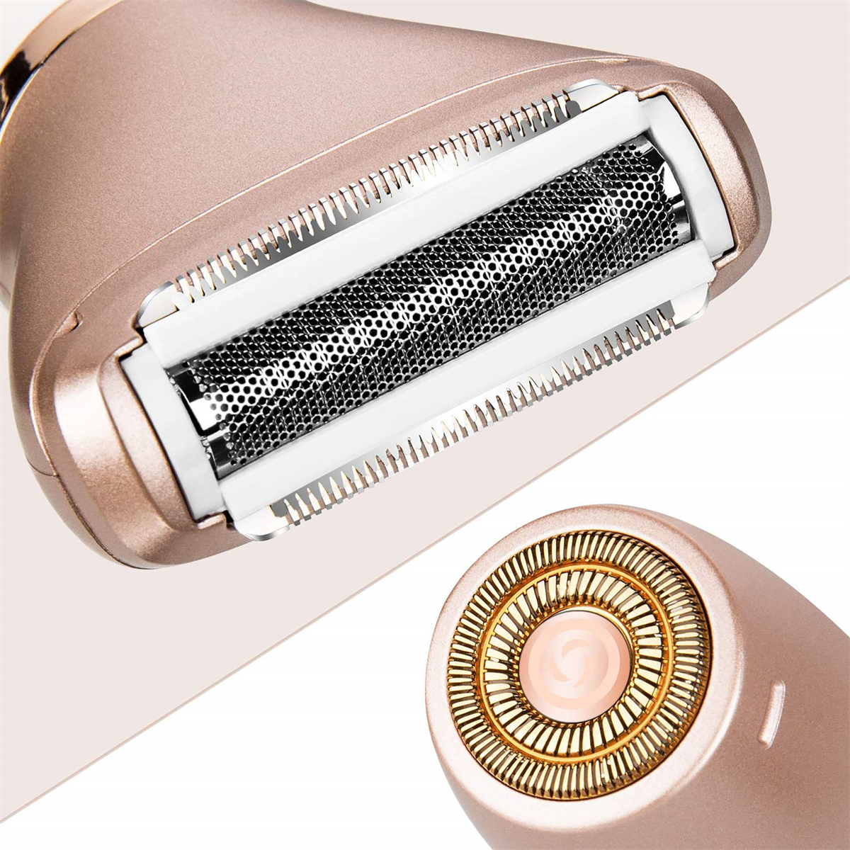 Nahaufnahme eines roségoldenen Elektrorasierers. Klingen und Köpfe sichtbar. Weißer Hintergrund.
