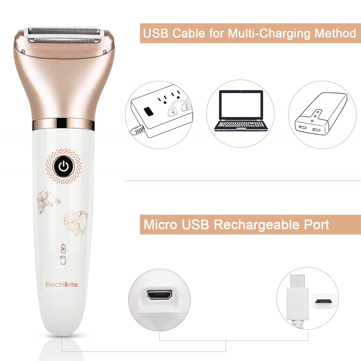 Weißer und goldener Elektrorasierer mit Ladeanschluss und USB-Kabel. Text: USB-Kabel zum Mehrfachladen.
