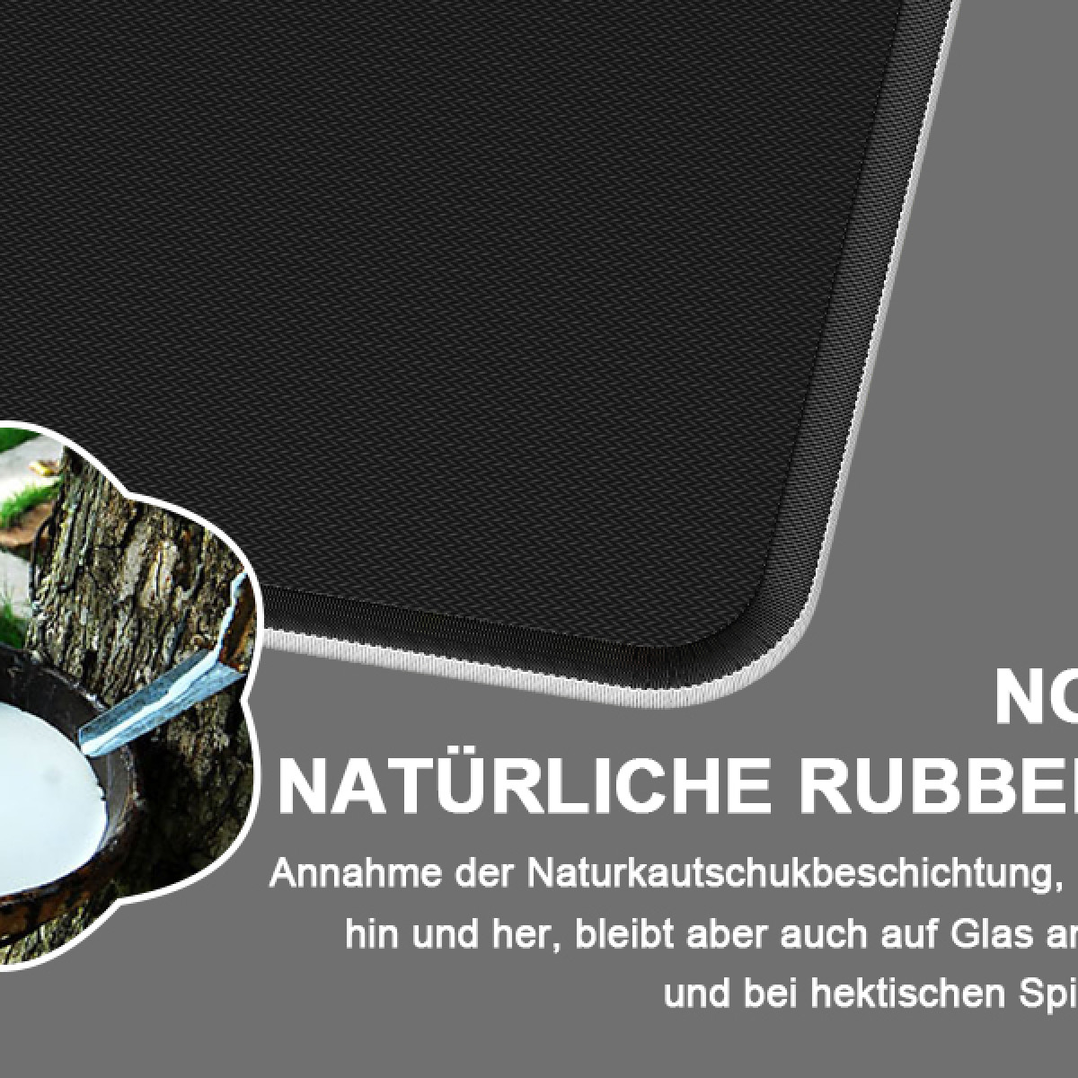 Czarna podkładka pod mysz. Zbliżenie na pień drzewa i tekst. Szare tło.