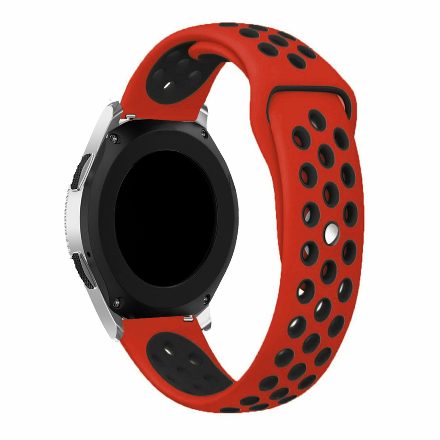 Smartwatch mit rotem und schwarzem Armband, das Zifferblatt vor weißem Hintergrund zeigt.