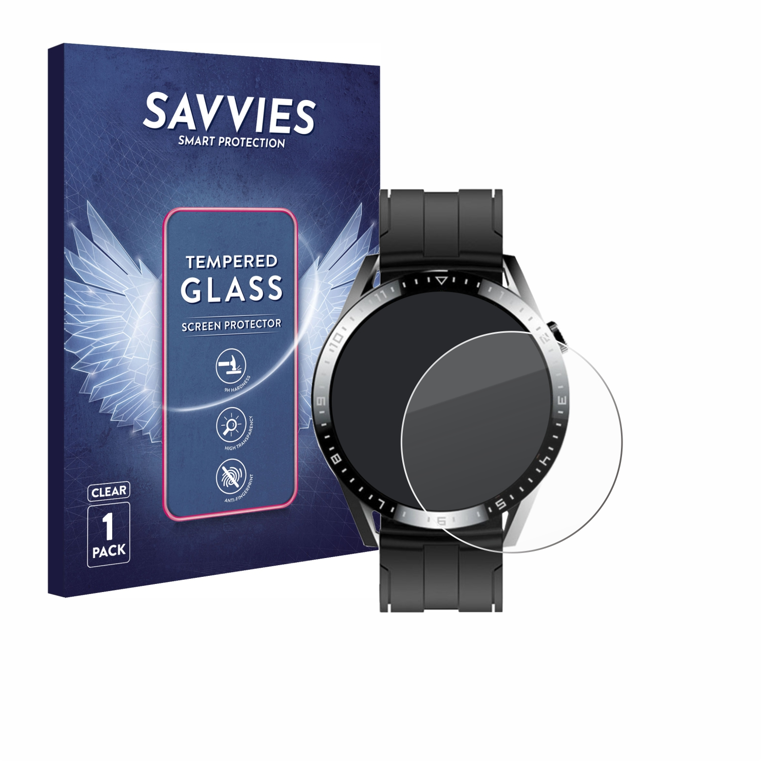 Displayschutz für die Uhr und eine Smartwatch. Der Schutz ist klar, die Uhr ist schwarz mit schwarzem Band.