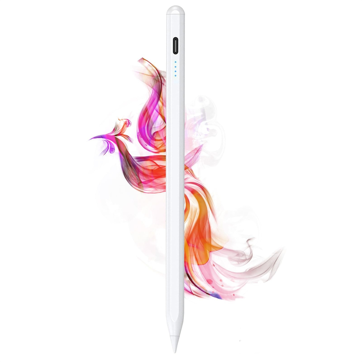 Weißer Eingabestift mit einem bunten Raucheffekt dahinter auf weißem Hintergrund.