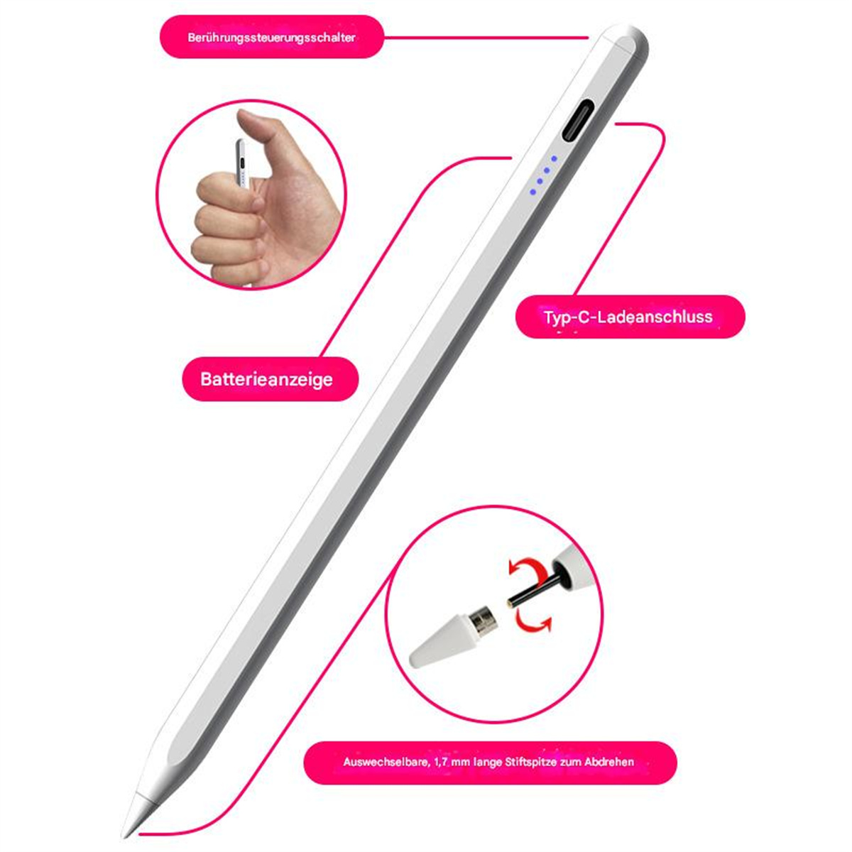 Weißer Stylus-Stift mit Typ-C-Ladeanschluss, Akkuanzeige und austauschbarer Spitze.