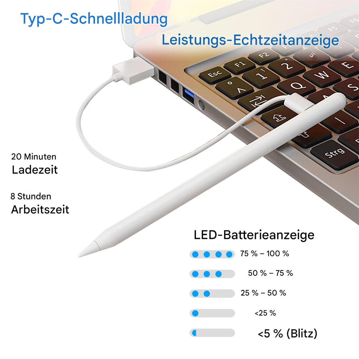 Ein Laptop, der mit einem weißen Stift verbunden ist, mit Ladeanzeige. Informationen zur Akkulaufzeit.