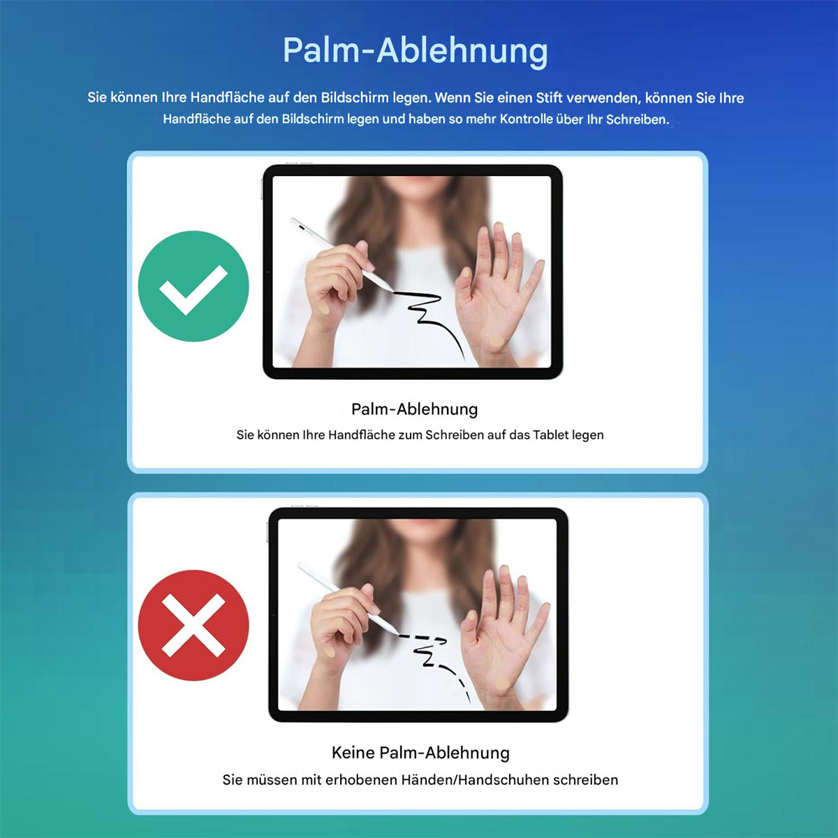 Tablet-Bildschirm zeigt Handflächenabweisung. Eine Hand wird abgelehnt und akzeptiert. Blauer Hintergrund.