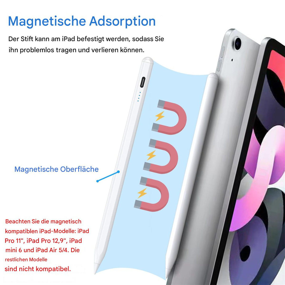 Weißes iPad und Stift mit Magnetanziehungsgrafiken auf hellblauem Hintergrund.