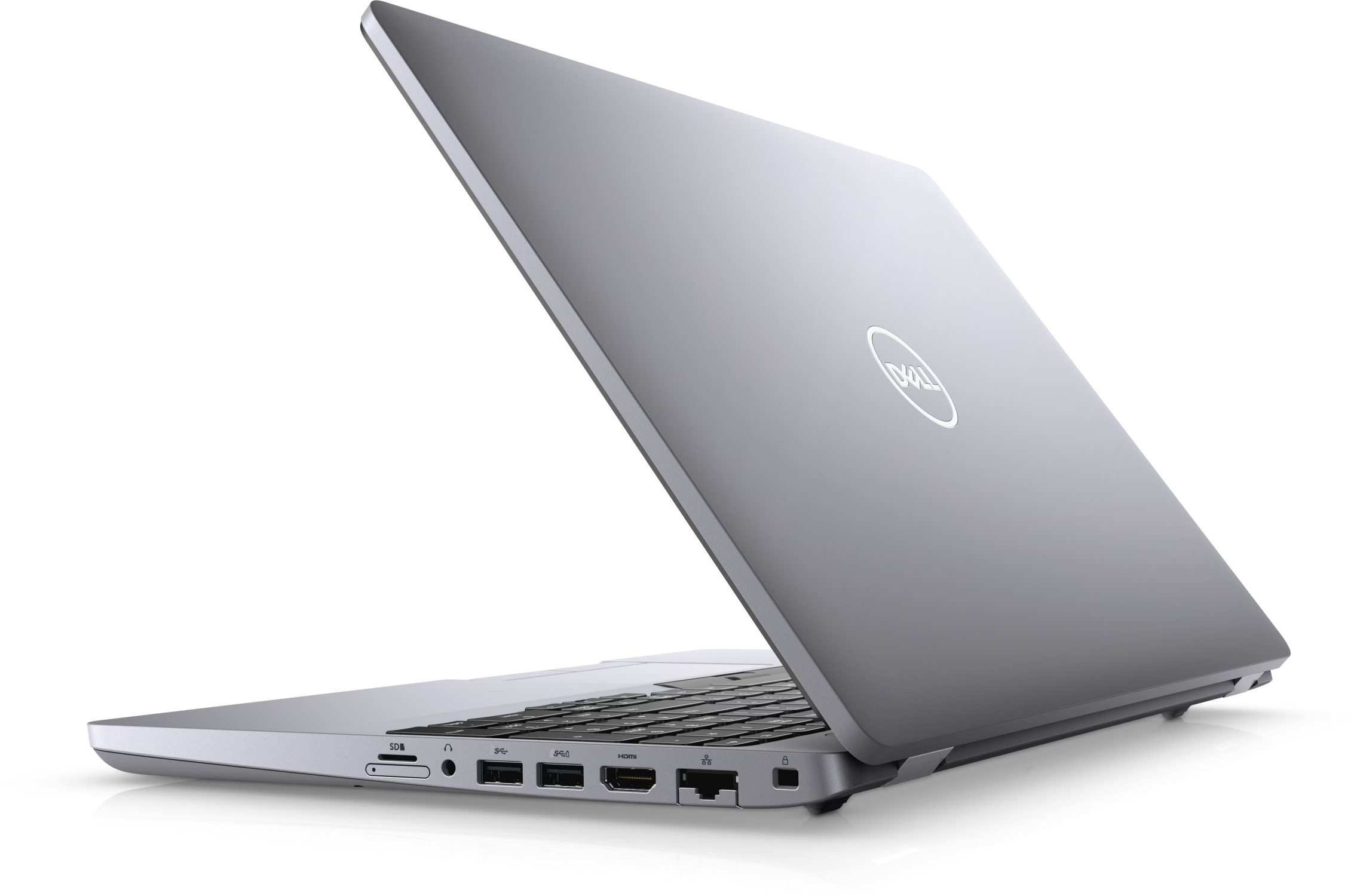 Silberner Laptop mit Dell-Logo, leicht geöffnet, um die Tastatur zu zeigen.