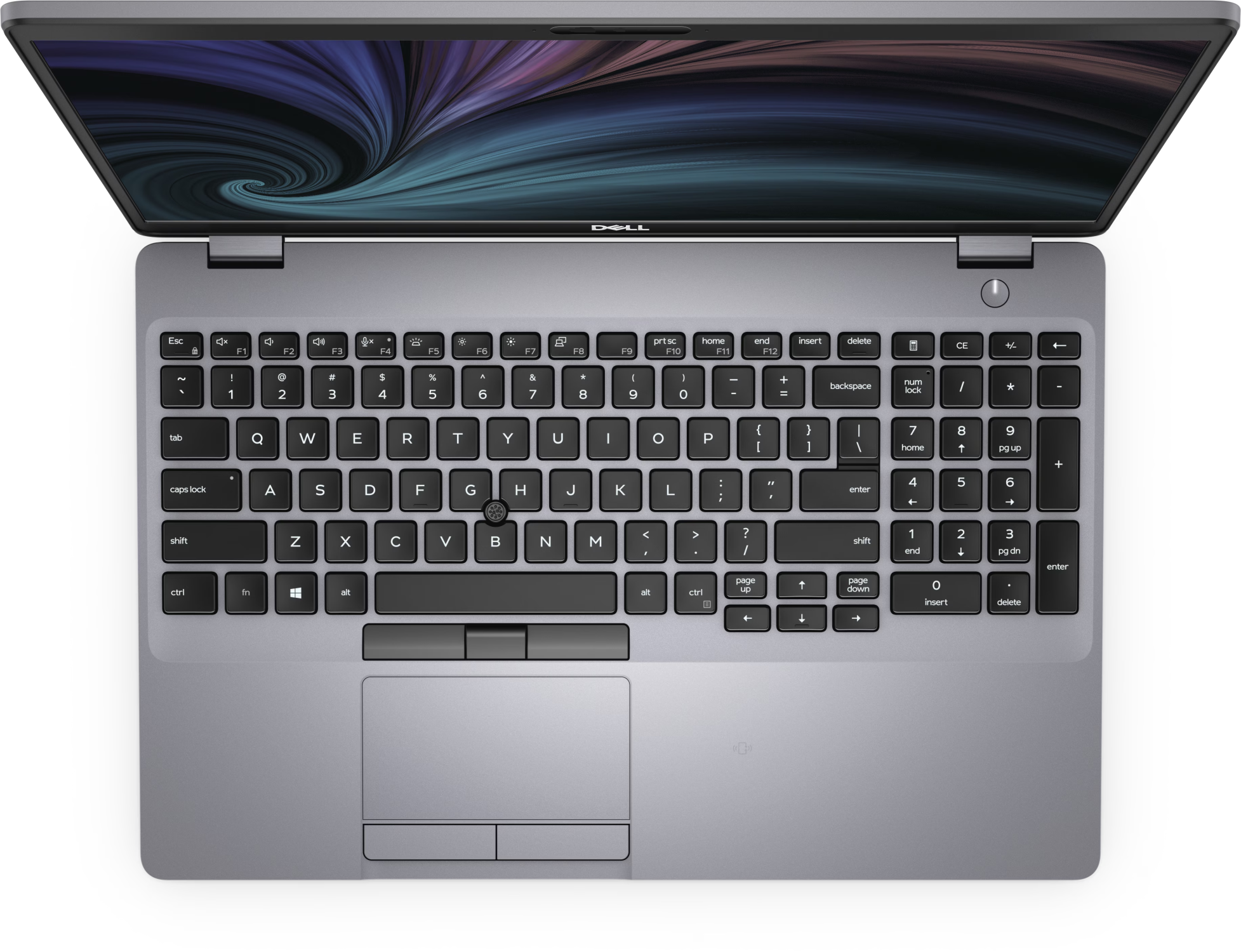 Ein Laptop mit offenem Deckel, Tastatur sichtbar. Graue Farbe, schwarze Tasten und ein Touchpad. Der Bildschirm zeigt ein Muster.