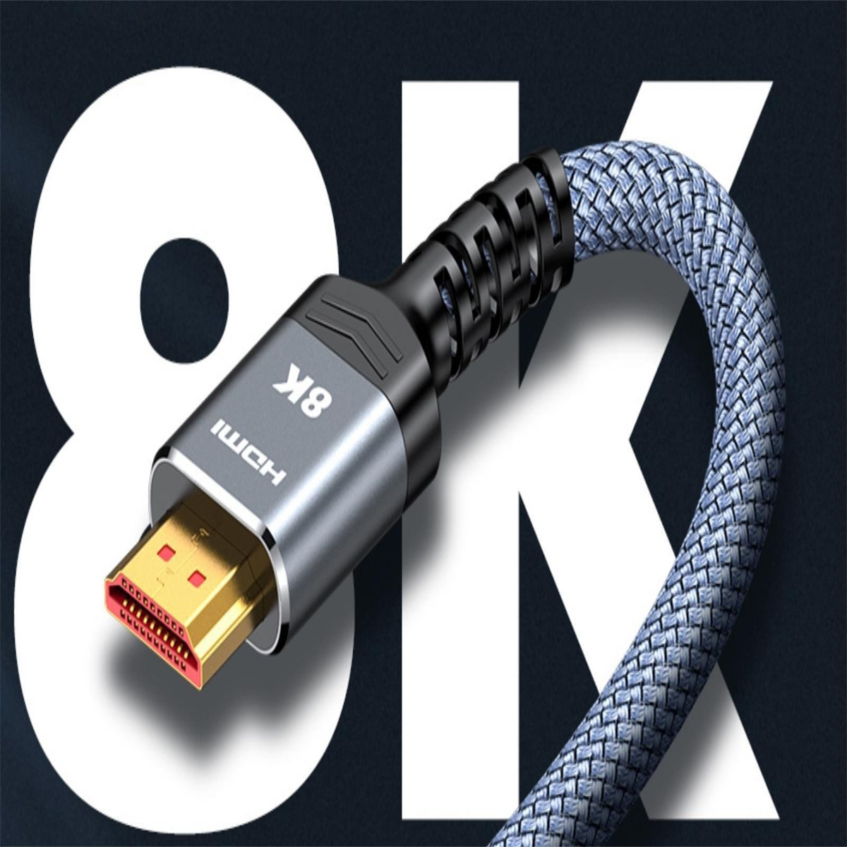 HDMI-Kabel mit 8K-Etikett auf dem Kabel und der Zahl 8K im Hintergrund.