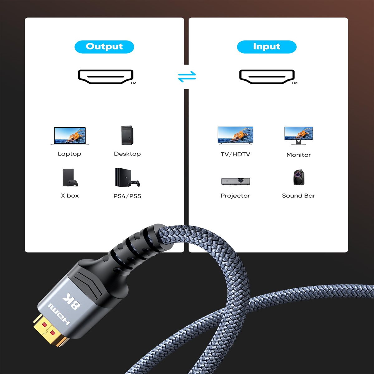 Diagramm mit Ausgabe- und Eingabeoptionen. HDMI-Kabel im Vordergrund. Weißer Hintergrund.
