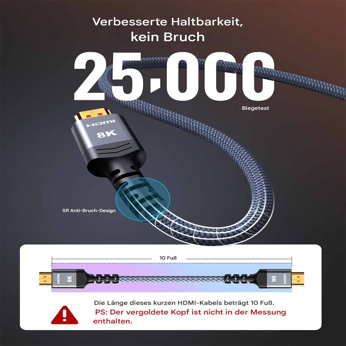 HDMI 8K-Kabel mit geflochtenem Design, zeigt Kabellänge und Text zur Haltbarkeit.