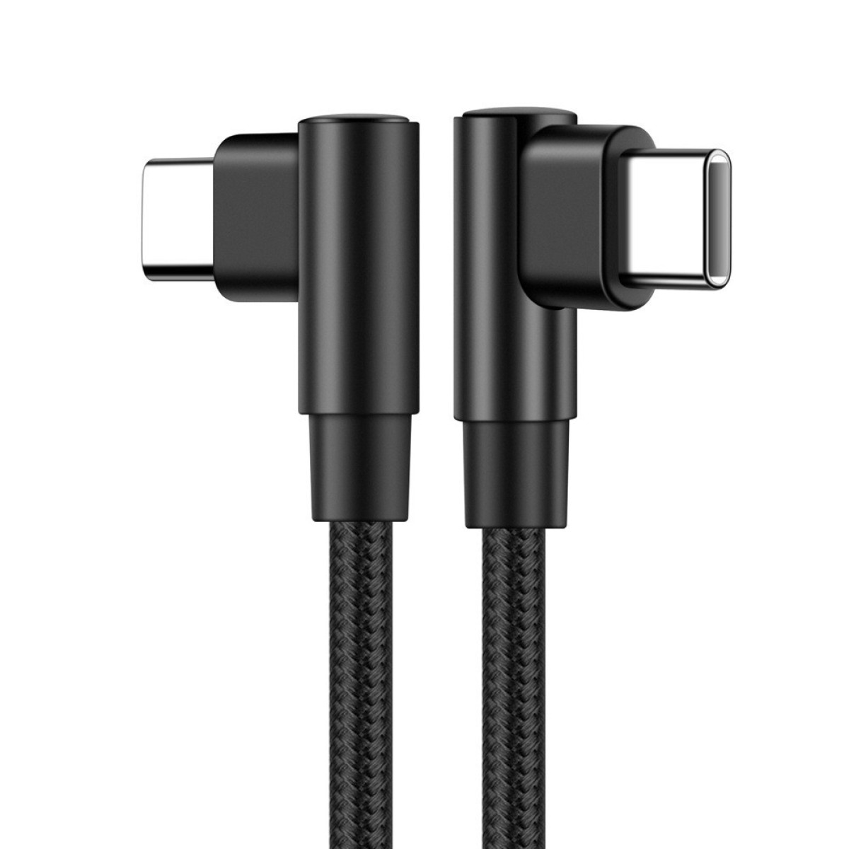 Two black USB-C angled cables are shown, ready for use, with textured cable sleeves.