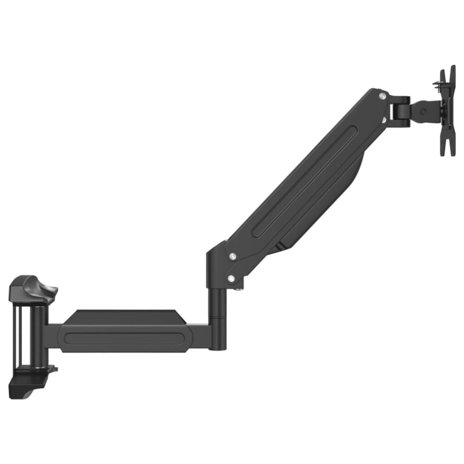 Schwarzer Monitorarm mit mehreren Gelenken und einer Klemme. Der Arm ist ausgefahren und der Monitor befestigt.
