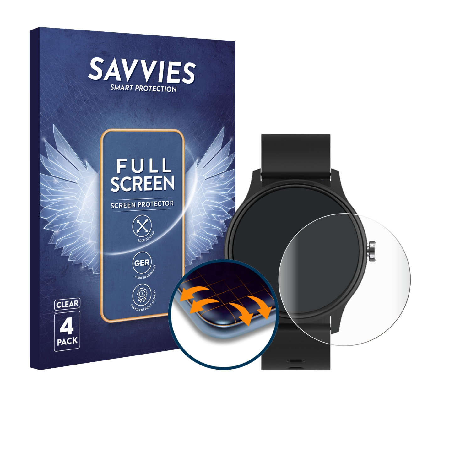 Schwarze Smartwatch und Displayschutzfolien-Box. Die Box ist blau mit dem Displayschutz.
