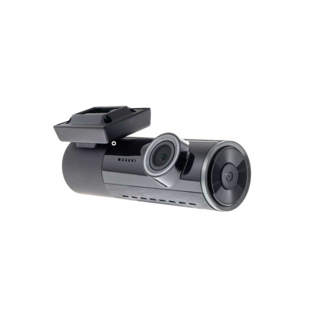Schwarze Auto-Dashcam mit Objektiv und verstellbarer Halterung. Auf weißem Hintergrund.