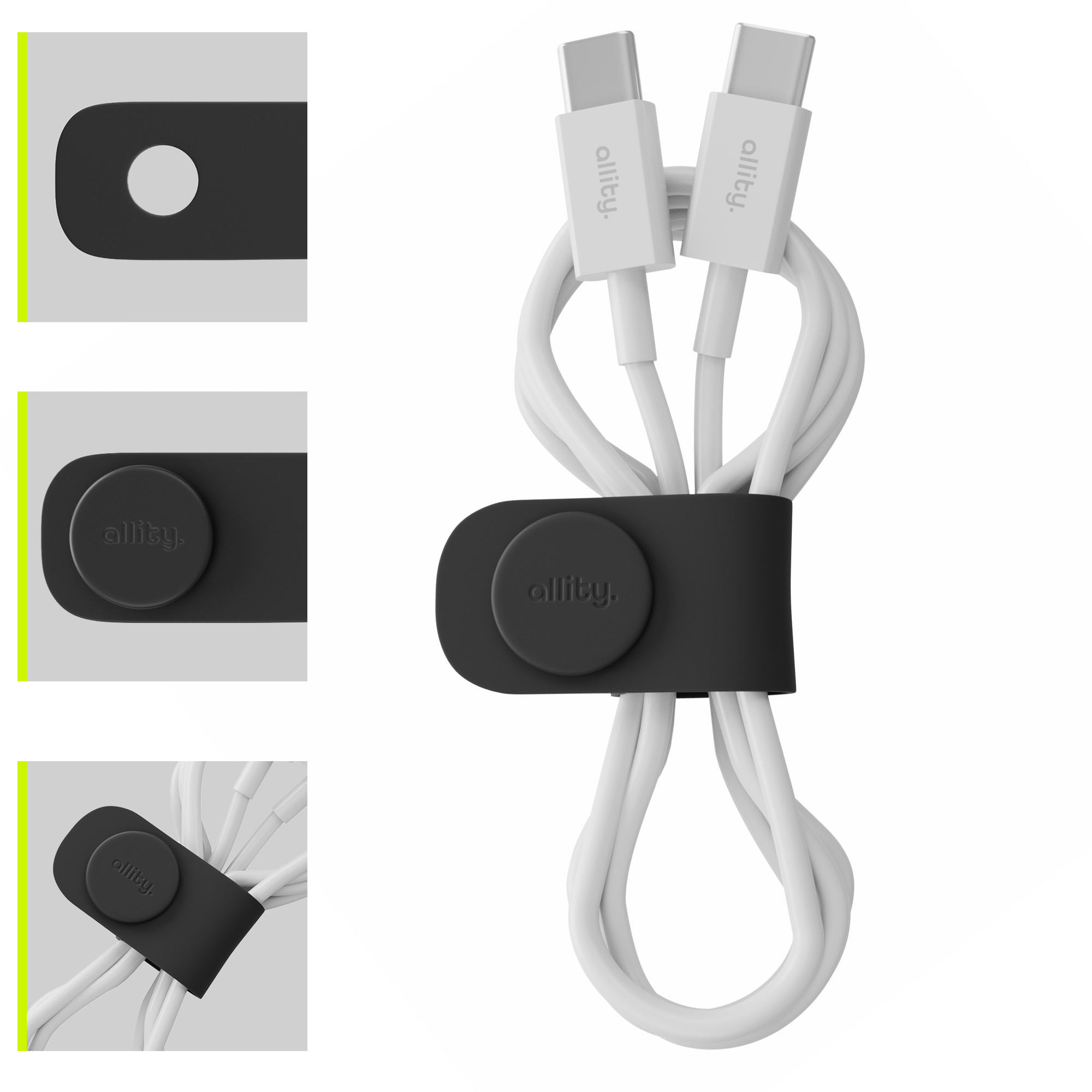 Organizer kabli z białymi kablami i czarnym uchwytem. Białe tło, zbliżenia.