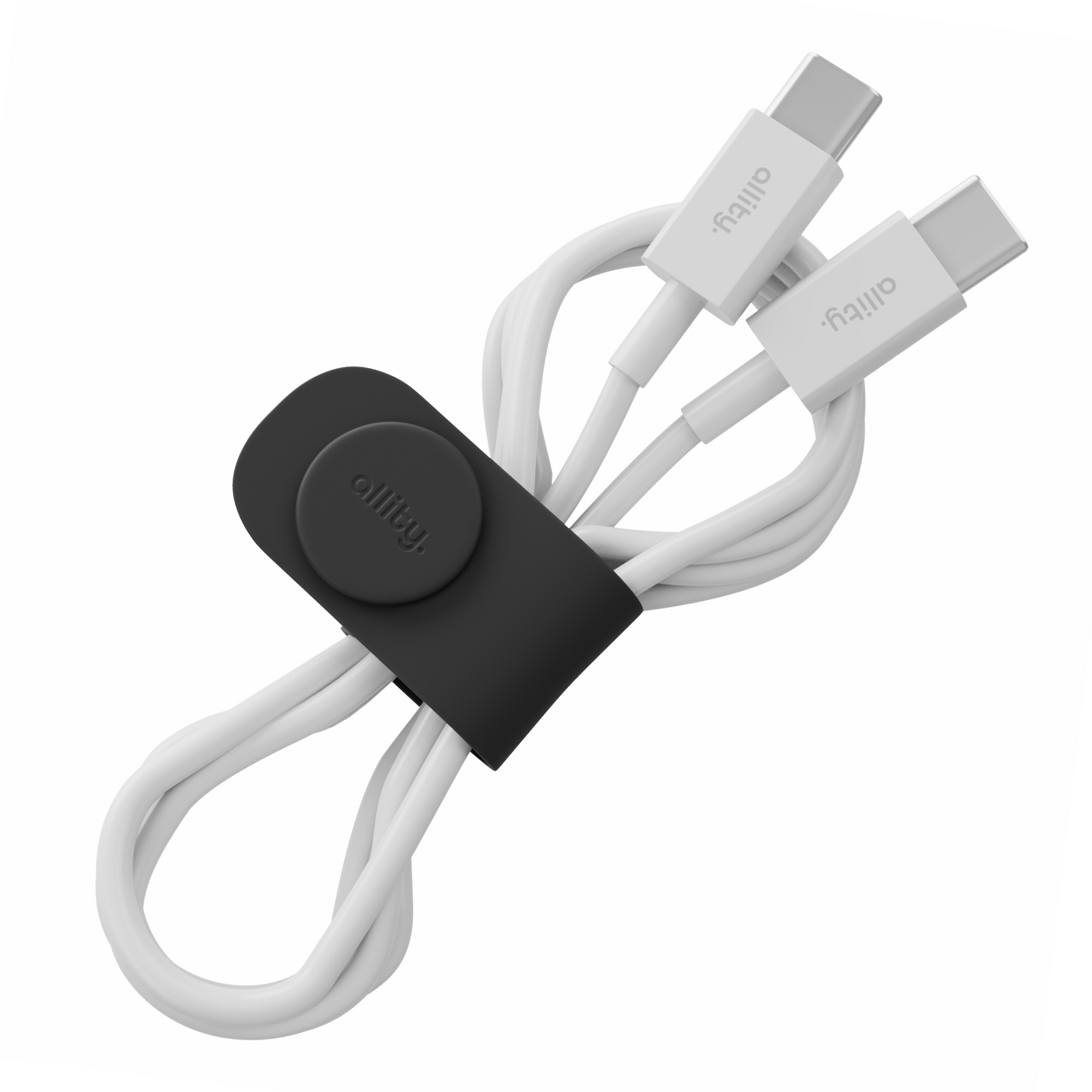 Białe kable USB-C z białymi złączami, trzymane przez czarny organizer kabli.