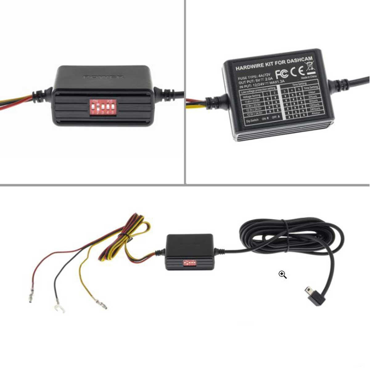 Hardwire-Kit für Dashcam, mit verschiedenen Komponenten und Verkabelung, schwarz und rot.