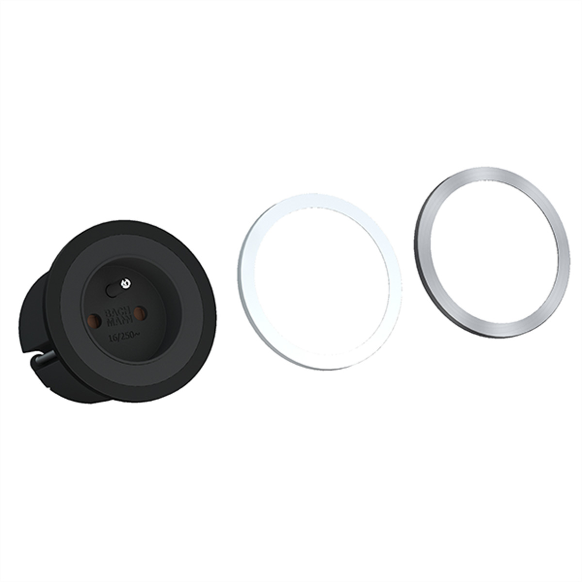 Black power outlet with white and silver rings, showing a modular electrical design.