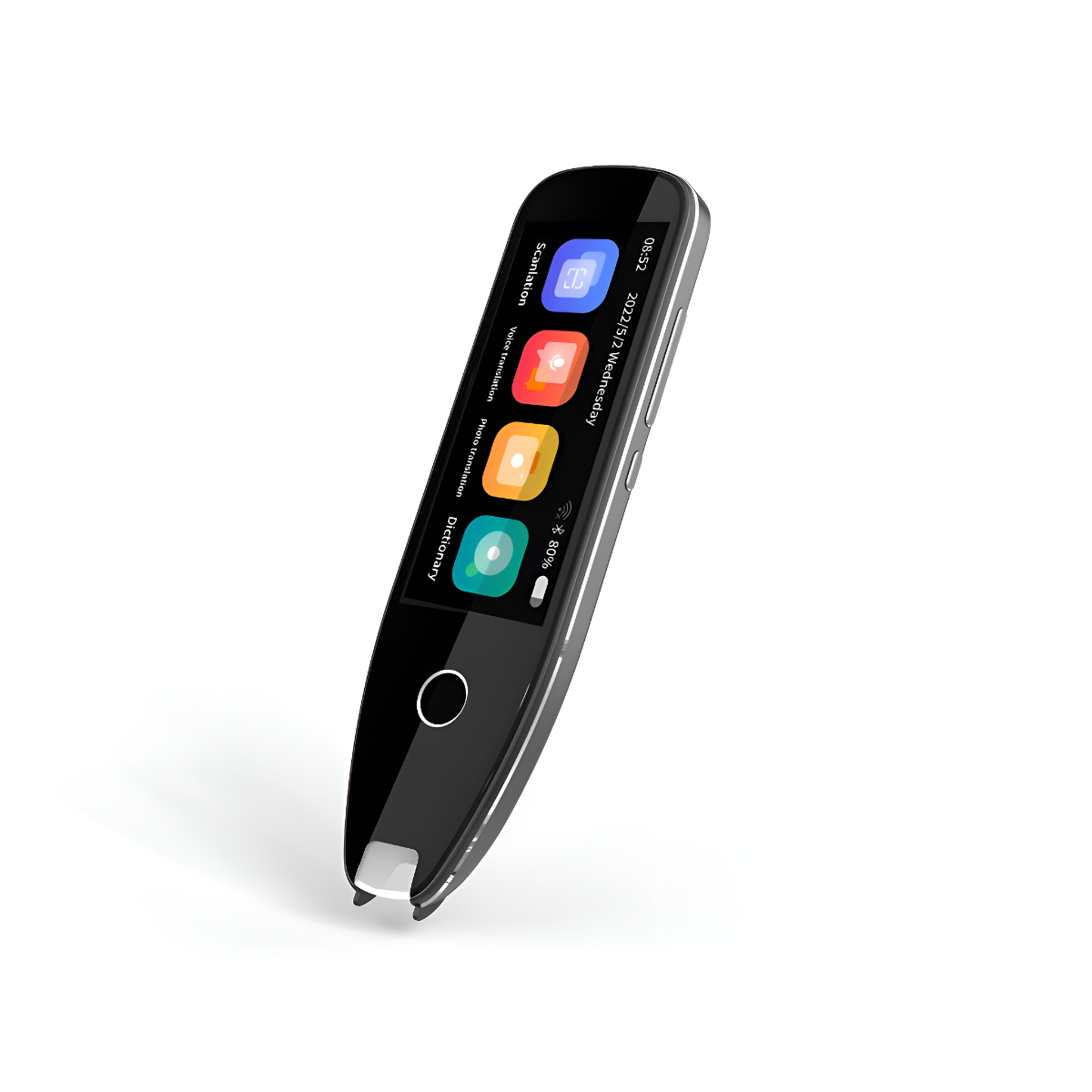Ein schwarzer und silberner Sprachübersetzerstift mit einem Bildschirm, der verschiedene App-Symbole anzeigt.