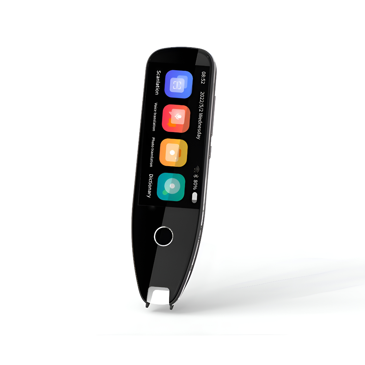 Ein schwarzes, stiftförmiges elektronisches Gerät mit einem Bildschirm, der App-Symbole und Text anzeigt.