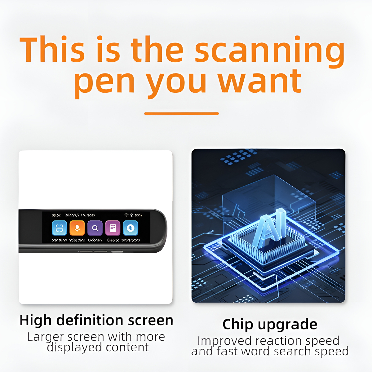 Ein Scan-Stift und ein Chip-Upgrade werden auf weißem Hintergrund mit Text gezeigt.